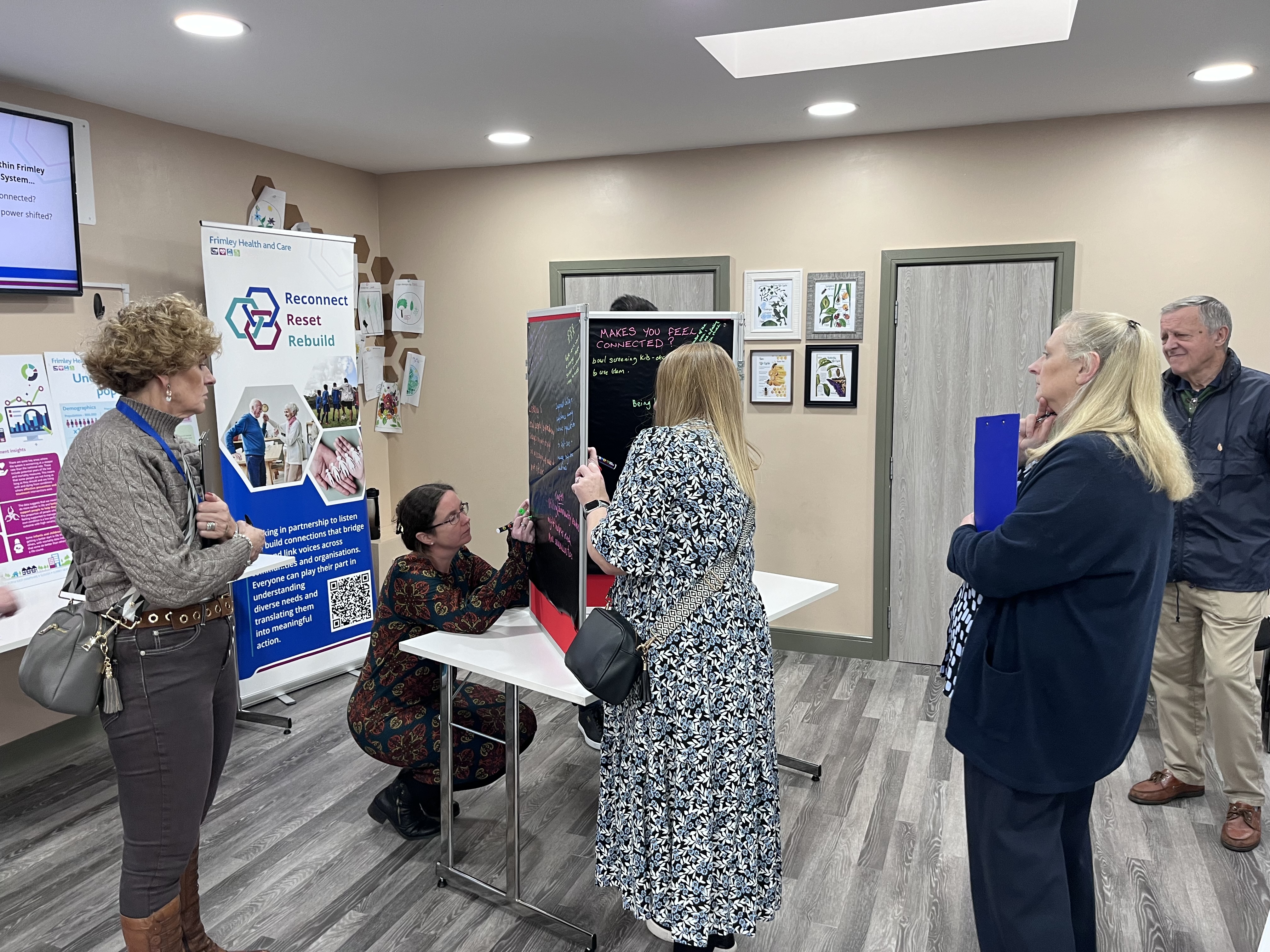 Group of people writing on chalk boards
